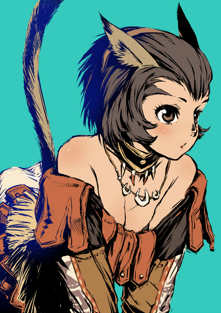 branch (blackrabbits), mithra (ff11), final fantasy, final fantasy xi, 00s, 1girl, animal ears, blush, breasts, brown eyes, brown hair, cat ears, cat tail, cleavage, female focus, jewelry, necklace, nipple slip, nipples, simple background, solo, tail