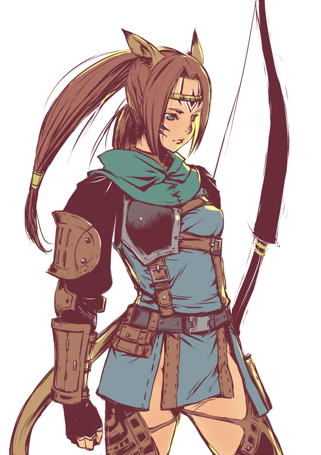 branch (blackrabbits), mithra (ff11), perih vashai, ranger, final fantasy, final fantasy xi, 00s, 1girl, animal ears, armor, blue eyes, bow, bow (weapon), brown hair, cat ears, cat tail, female focus, no panties, ponytail, solo, tail, weapon