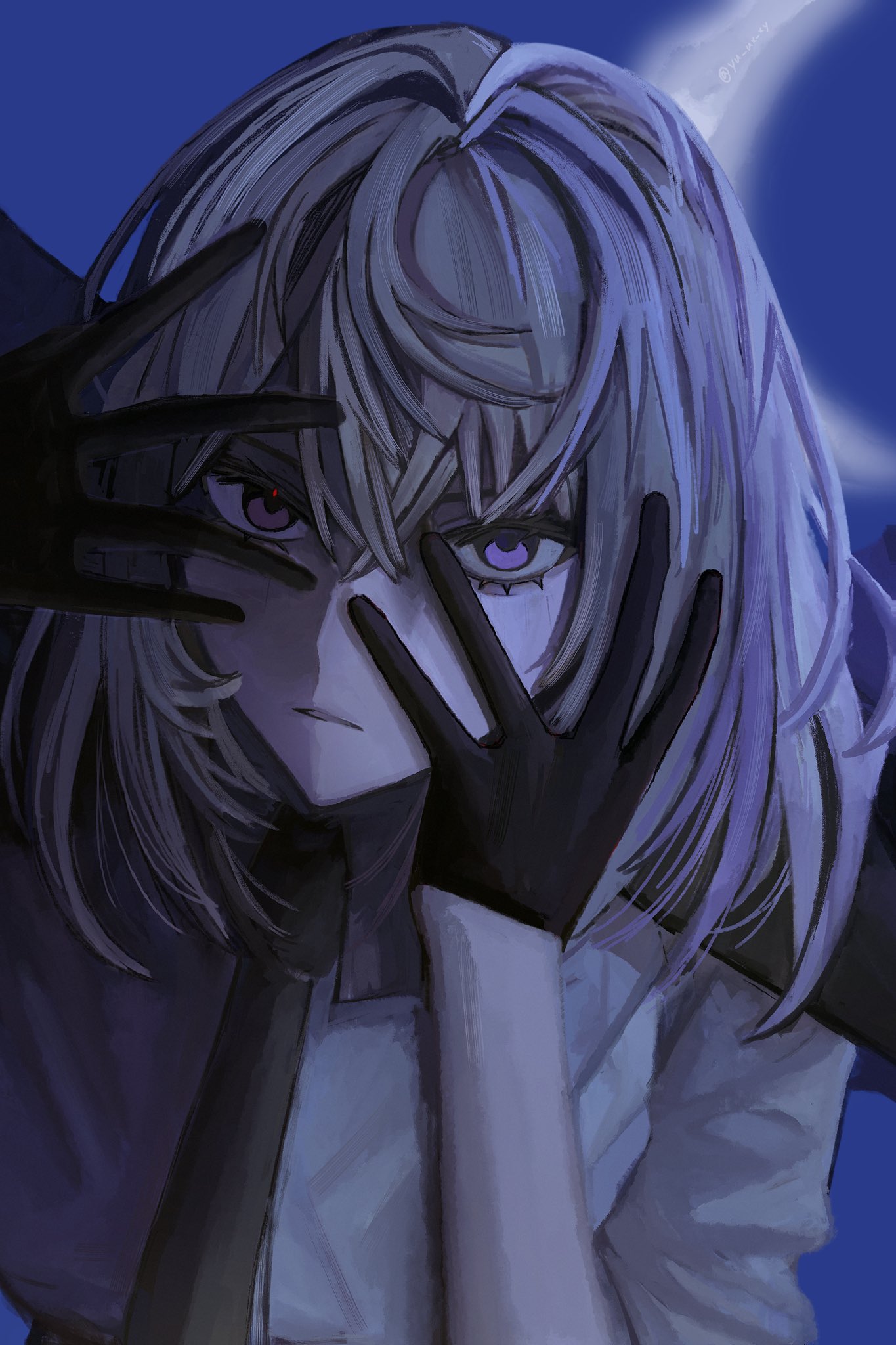 misumi uika, bang dream!, bang dream! it's mygo!!!!!, commentary, hashtag-only commentary, highres, 1girl, black gloves, black necktie, blonde hair, crescent moon, gloves, hair between eyes, looking at viewer, medium hair, moon, necktie, parted lips, purple eyes, shirt, solo, upper body, white shirt, yu ux xy