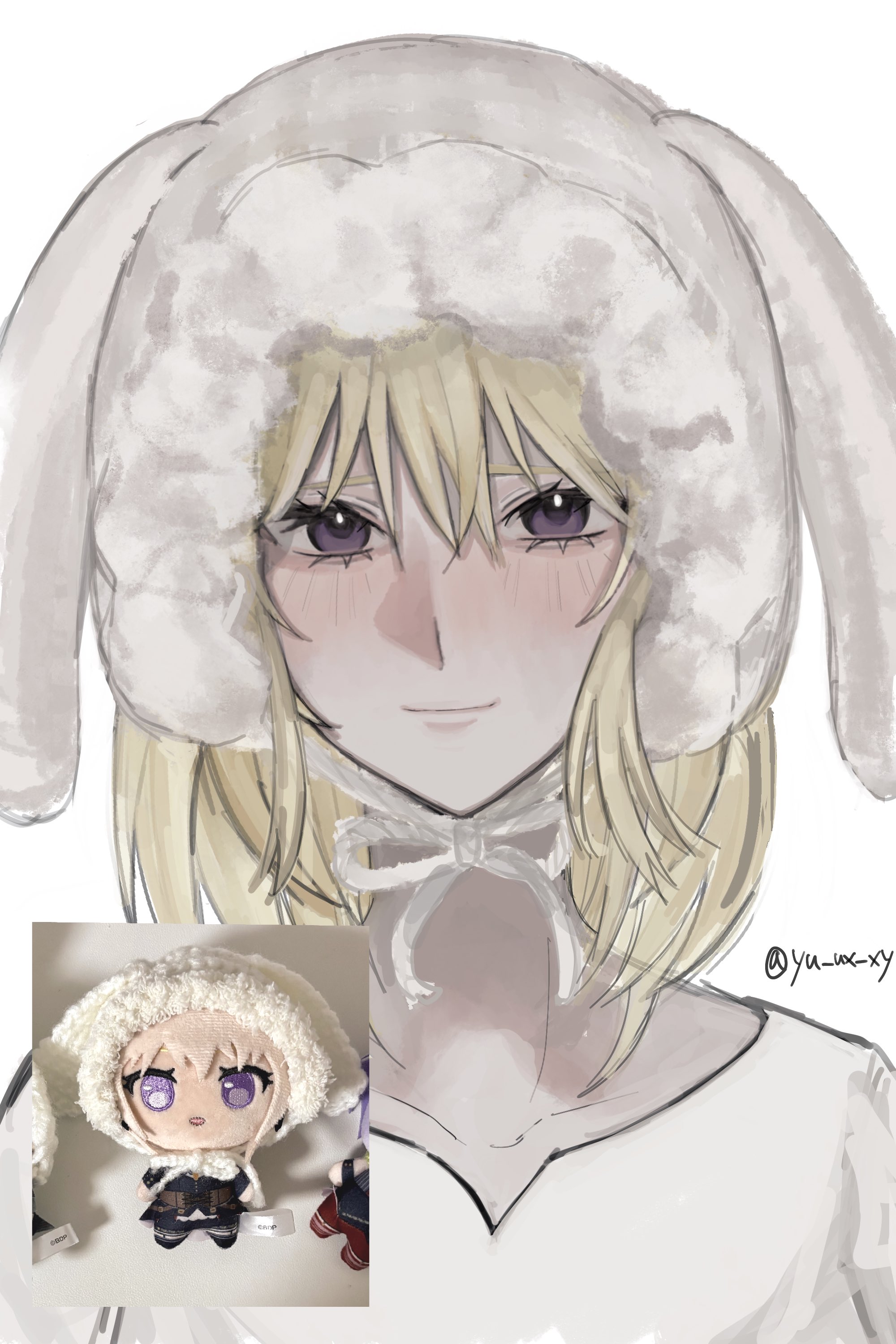misumi uika, bang dream!, bang dream! it's mygo!!!!!, absurdres, commentary, highres, photo-referenced, symbol-only commentary, 1girl, aegyo sal, blonde hair, blush, closed mouth, hair between eyes, hat, looking at viewer, medium hair, purple eyes, reference inset, simple background, solo, upper body, white background, white hat, yu ux xy