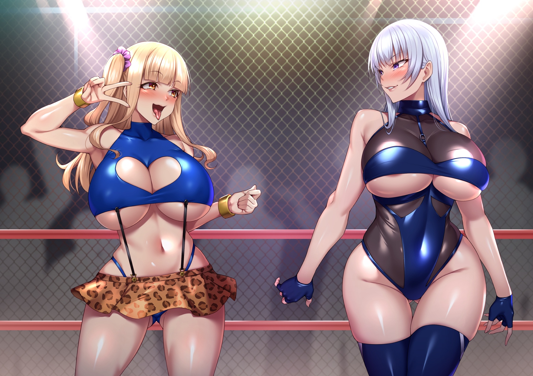 kaeru no uta, original, highres, 2girls, :p, animal print, blonde hair, blue panties, blue thighhighs, blunt bangs, bracelet, breasts, brown eyes, chain-link fence, cleavage cutout, clothing cutout, covered collarbone, eye contact, fence, fingerless gloves, gloves, gluteal fold, grey hair, grin, heart cutout, huge breasts, jewelry, leopard print, long hair, looking at another, miniskirt, multiple girls, panties, purple eyes, side ponytail, skirt, sleeveless, smile, stage lights, suspenders gap, thigh gap, thighhighs, thighs, tongue, tongue out, underboob, underwear, v, wrestling outfit, wrestling ring