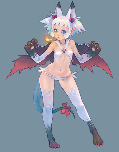 weno, original, 1girl, animal ears, animal hands, blue eyes, cape, female focus, fire, flat chest, monster girl, panties, pointy ears, ribbon, short hair, side-tie panties, simple background, solo, tail, tail ornament, tail ribbon, thighhighs, underwear, white hair, wings