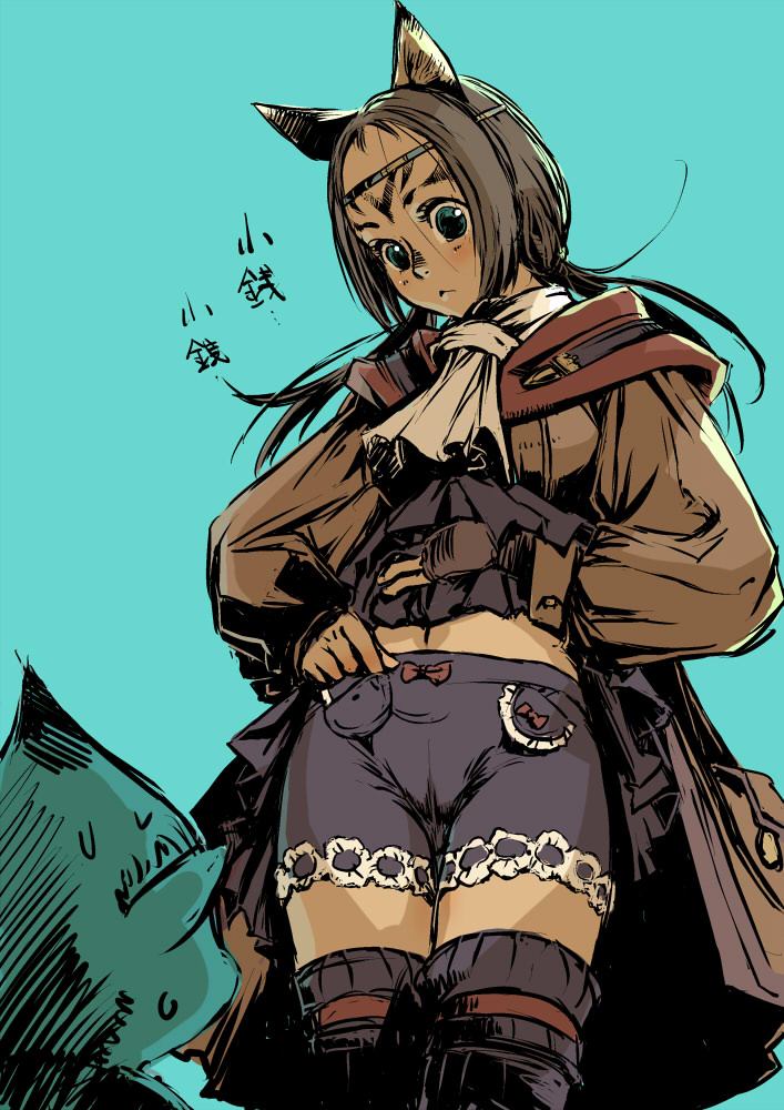 branch (blackrabbits), mithra (ff11), scholar (final fantasy), final fantasy, final fantasy xi, 00s, 1boy, 1girl, animal ears, cameltoe, clothes lift, green eyes, kneehighs, pencil skirt, skirt, skirt lift, socks, tarutaru, thighhighs