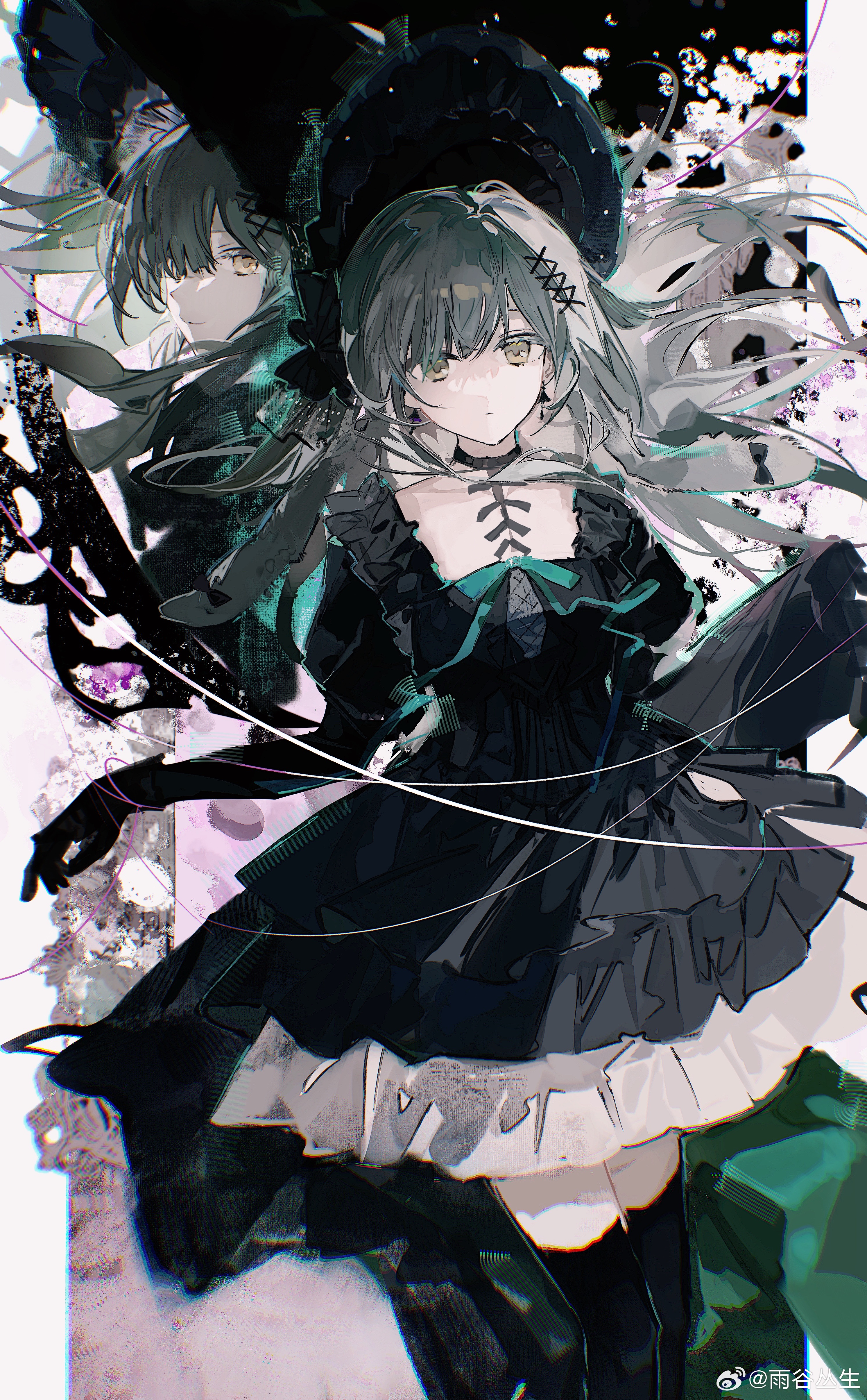 buqiyong, mortis (bang dream!), mortis (persona) (bang dream!), wakaba mutsumi, wakaba mutsumi (marionette's id), arknights, bang dream!, bang dream! it's mygo!!!!!, absurdres, highres, 2girls, animal ears, black bonnet, black dress, black gloves, black thighhighs, bonnet, closed mouth, different reflection, dress, dual persona, expressionless, feet out of frame, floppy ears, frilled dress, frills, gloves, gothic lolita, green hair, green ribbon, hair ornament, juliet sleeves, lolita fashion, long hair, long sleeves, looking at viewer, mirror, multiple girls, puffy sleeves, rabbit ears, rabbit girl, reflection, ribbon, sidelocks, standing, thighhighs, watermark, weibo watermark, x hair ornament, yellow eyes
