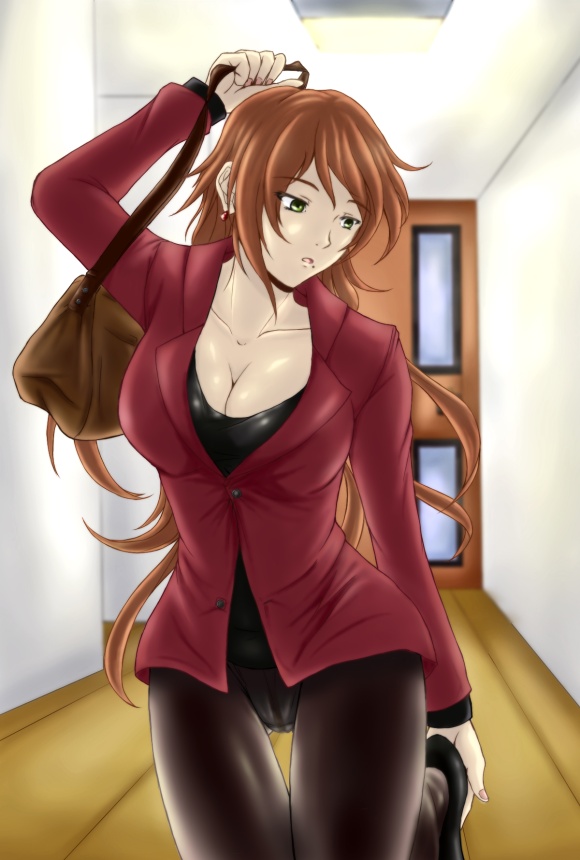 azu (warehouse86), original, bad id, bad pixiv id, 1girl, bag, breasts, brown hair, cleavage, earrings, female focus, green eyes, jewelry, large breasts, long hair, mature female, panties, panties under pantyhose, pantyhose, solo, thigh gap, thighs, underwear, undressing