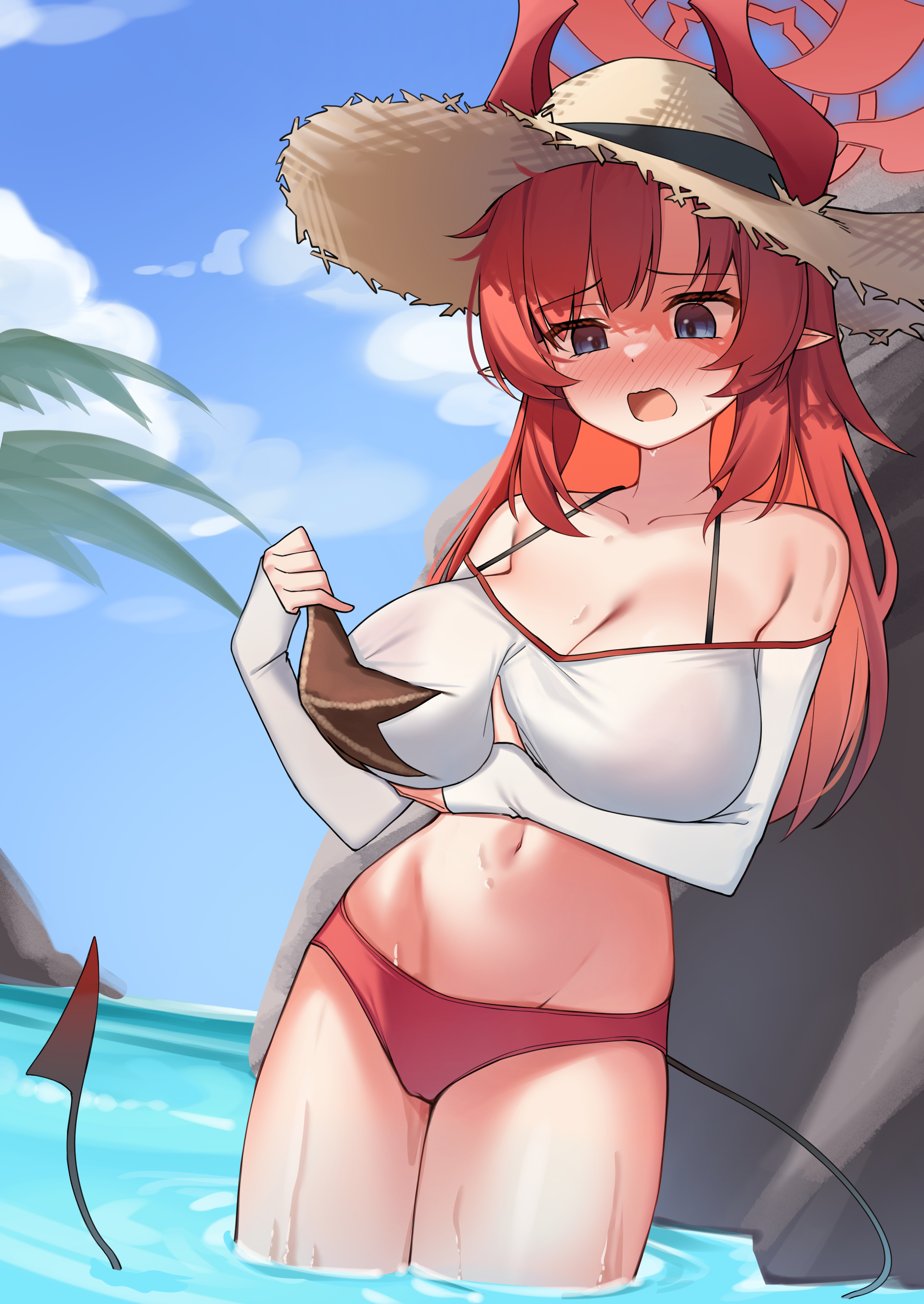 ziro (zirorong), megu (blue archive), megu (swimsuit) (blue archive), blue archive, absurdres, highres, mixed-language commentary, paid reward available, 1girl, bare shoulders, bikini, blue eyes, blue sky, blush, breasts, cleavage, day, demon girl, demon horns, demon tail, grabbing own breast, halo, hat, horns, horns through headwear, large breasts, long hair, nose blush, off-shoulder shirt, off shoulder, official alternate costume, open mouth, pointy ears, red bikini, red halo, red horns, red tail, shirt, sky, solo, starfish, straw hat, swimsuit, tail, thighs, wading, white shirt