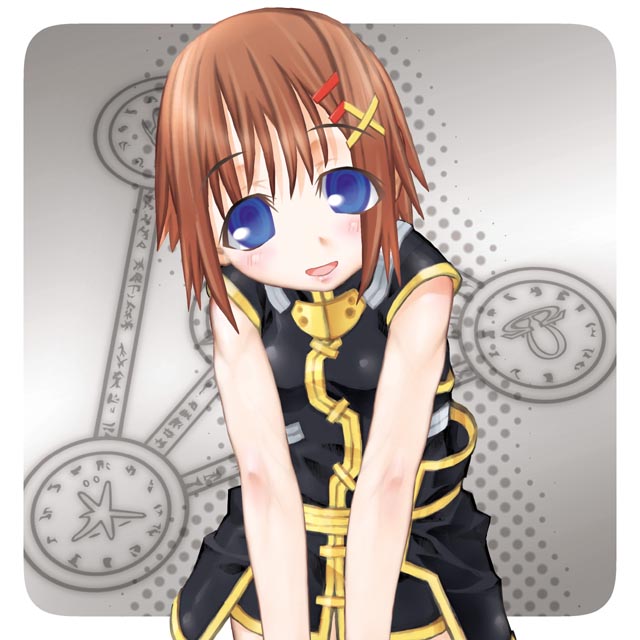 kakashichi, yagami hayate, lyrical nanoha, mahou shoujo lyrical nanoha, mahou shoujo lyrical nanoha a's, 00s, 1girl, :d, bare shoulders, black dress, blush, border, dress, female focus, grey background, hair ornament, looking at viewer, open mouth, simple background, sitting, sleeveless, sleeveless dress, smile, solo, x hair ornament