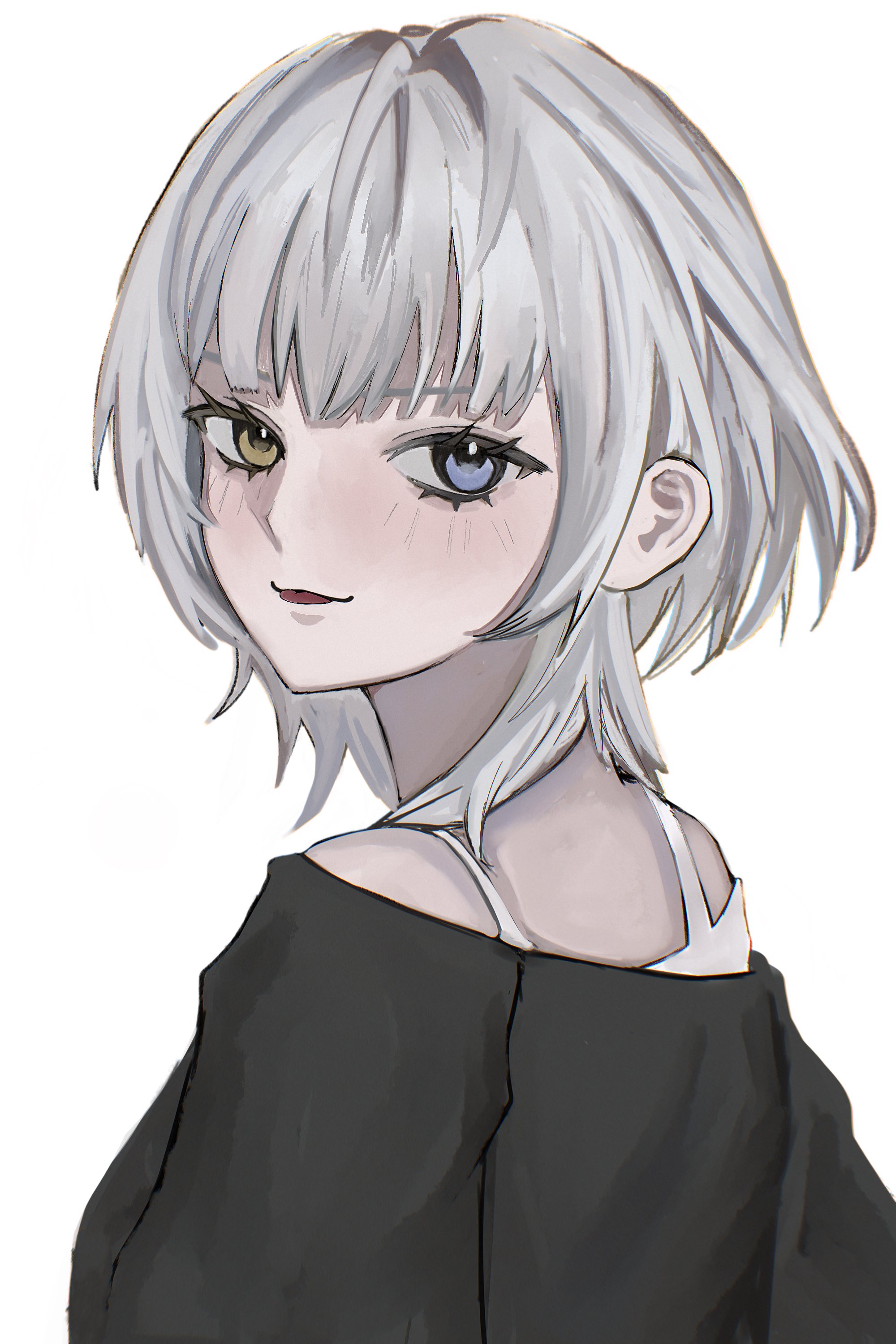 kaname raana, bang dream!, bang dream! it's mygo!!!!!, absurdres, commentary, hashtag-only commentary, highres, 1girl, black shirt, blue eyes, blush, heterochromia, medium hair, shirt, simple background, solo, tongue, tongue out, upper body, white background, white hair, wolf cut, yellow eyes, yu ux xy