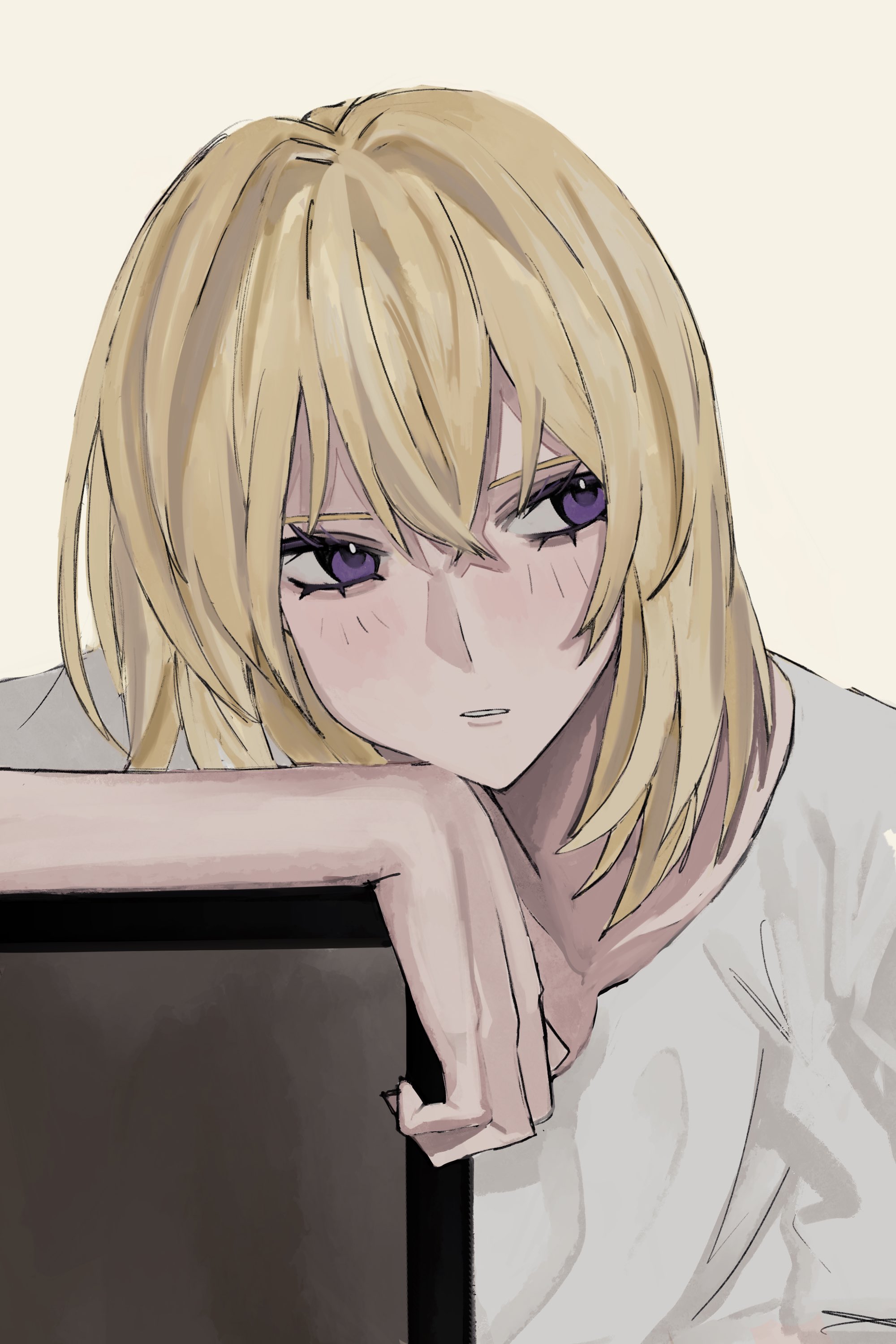 misumi uika, bang dream!, bang dream! it's mygo!!!!!, absurdres, commentary, hashtag-only commentary, highres, 1girl, aegyo sal, blonde hair, hair between eyes, leaning, medium hair, open mouth, purple eyes, shirt, simple background, solo, white background, white shirt, yu ux xy