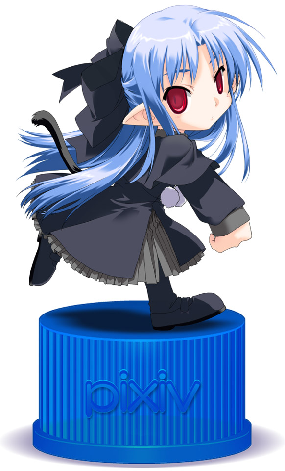rosegray, len (tsukihime), melty blood, pixiv, tsukihime, type-moon, bad id, bad pixiv id, 00s, 1girl, blue hair, cat tail, female focus, half updo, long hair, pixiv bottlecap, pointy ears, red eyes, solo, tail