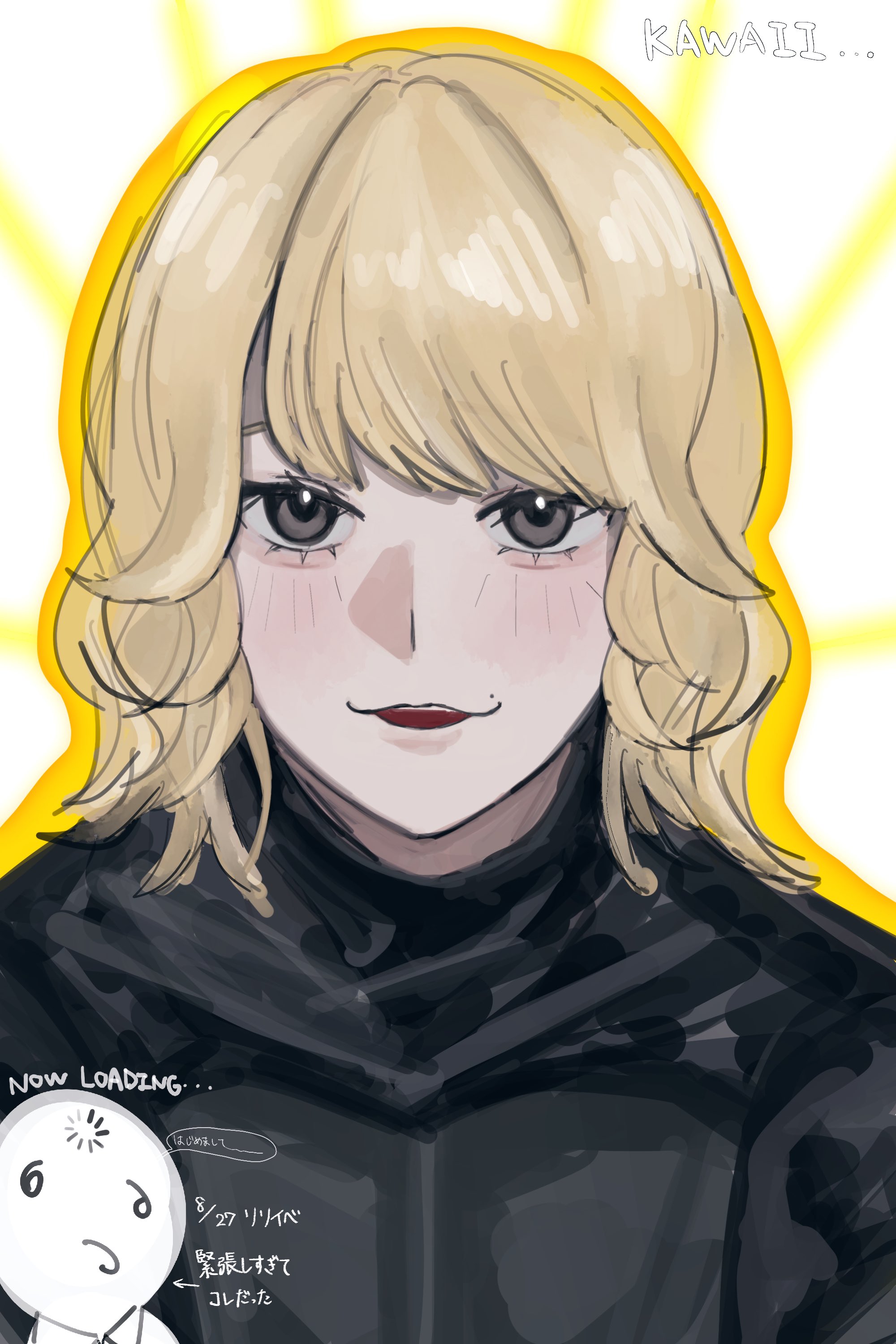 real life, absurdres, commentary request, highres, 1girl, 1other, :3, aegyo sal, artist self-insert, black eyes, black shirt, blonde hair, blush, mole, mole above mouth, open mouth, outline, sasaki rico (voice actor), shirt, voice actor, yellow outline, yu ux xy