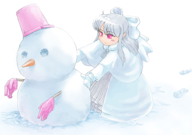 rosegray, white len (tsukihime), melty blood, tsukihime, type-moon, bad id, bad pixiv id, 00s, carrot, half updo, mittens, pointy ears, snow, snowman, solo, white background, white hair, white mittens, white theme
