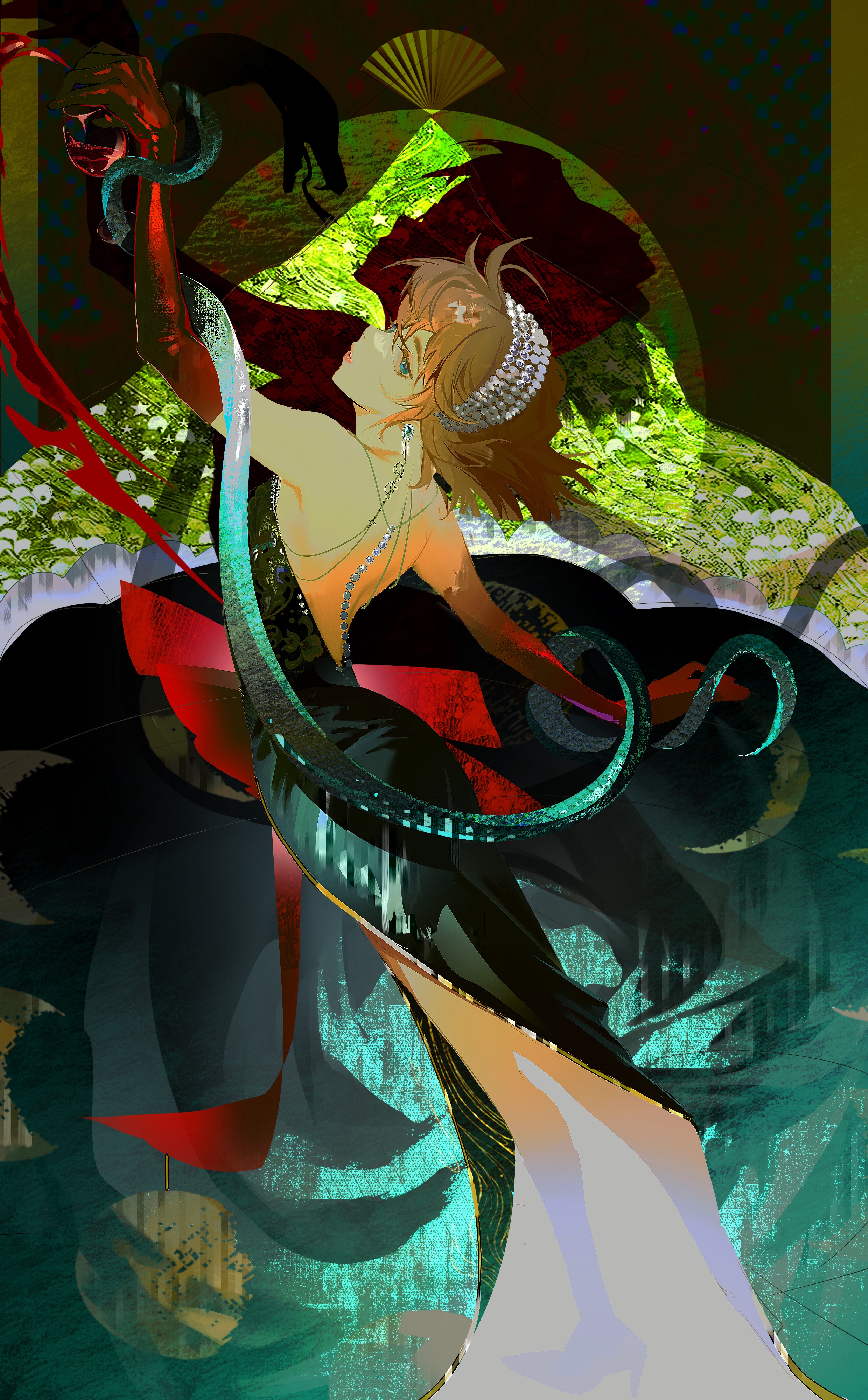 jishikou, haibara ai, miyano shiho, meitantei conan, absurdres, highres, 1girl, alcohol, arched back, backless dress, backless outfit, black dress, blue eyes, blunt ends, body jewelry, brown hair, cup, different shadow, dress, drinking glass, earrings, elbow gloves, evening gown, extra ears, from behind, gloves, hair between eyes, hairband, hand up, high heels, holding, holding cup, jewelry, lipstick, long dress, looking at viewer, looking to the side, makeup, outstretched arms, parted lips, pearl hair ornament, pearl hairband, pink lips, profile, red gloves, red ribbon, red wine, ribbon, short hair, side slit, snake, snake wrapped around arm, solo, spilling, spread arms, standing, strapless, strapless dress, wine, wine glass