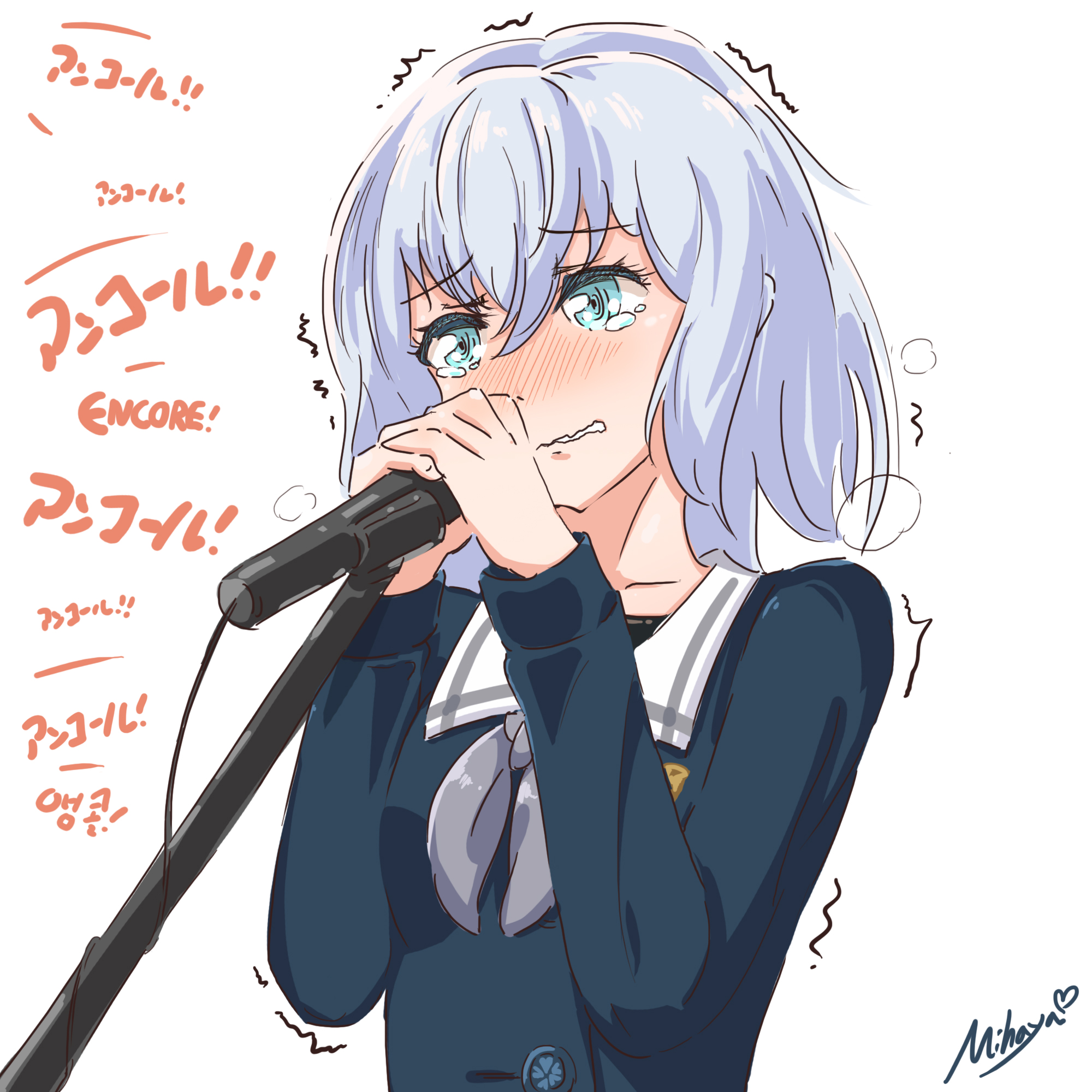 mihaya (mihaya1818), kurata mashiro, bang dream!, commentary request, highres, translation request, 1girl, blue eyes, blue shirt, blush, grey neckerchief, hair between eyes, long sleeves, medium hair, microphone, neckerchief, open mouth, school uniform, shirt, simple background, solo, tearing up, trembling, tsukinomori school uniform, upper body, white background, white hair
