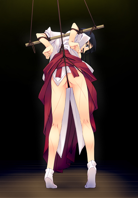 murakami suigun, miko (murakami suigun), f-ism, original, 1girl, arms behind back, assisted exposure, bdsm, bondage, bound, crotch rope, female focus, hakama, hakama skirt, japanese clothes, kneepits, miko, partially visible vulva, predicament bondage, red hakama, rope, scared, shibari, skirt, socks, solo, surprised, tabi, tears, whip marks