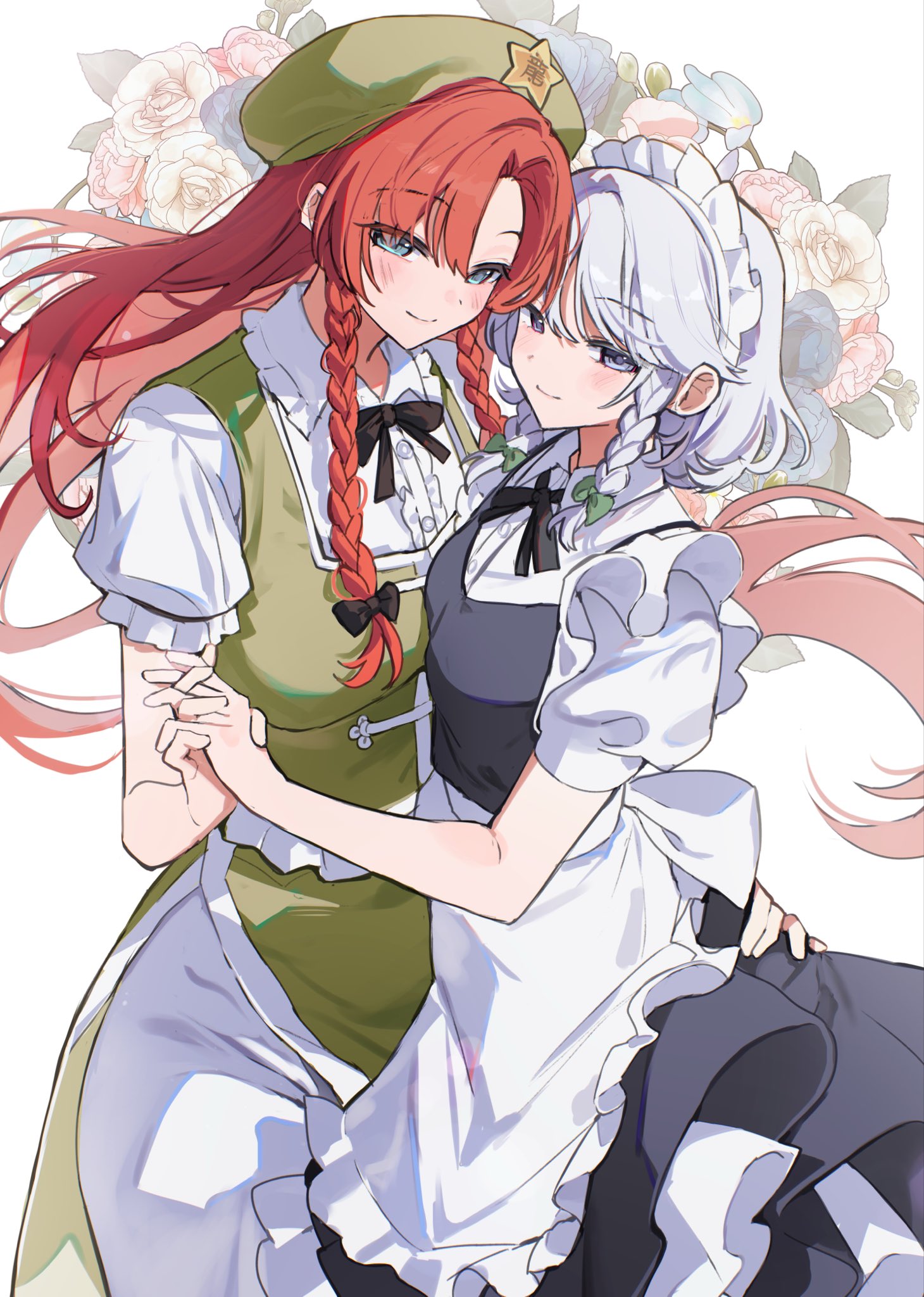 sarukana, hong meiling, izayoi sakuya, touhou, commentary request, highres, 2girls, apron, black bow, black ribbon, black skirt, black vest, blue eyes, bow, braid, breasts, buttons, closed mouth, collared shirt, floral background, frilled shirt collar, frills, green hat, green skirt, green vest, grey hair, hair bow, hand on another's hip, hat, hat ornament, holding hands, interlocked fingers, long hair, looking at viewer, maid headdress, medium breasts, multiple girls, neck ribbon, pants, parted bangs, puffy short sleeves, puffy sleeves, red hair, ribbon, shirt, short sleeves, side braids, skirt, smile, star (symbol), star hat ornament, vest, waist apron, white apron, white background, white pants, white shirt, yuri