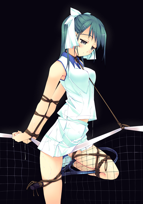 murakami suigun, f-ism, original, 1girl, bdsm, bondage, bound, bound arms, bound wrists, crying, crying with eyes open, cum, cum on clothes, dress, female focus, predicament bondage, racket, rope, shibari, solo, sportswear, tears, tennis dress, tennis net, tennis racket, tennis uniform