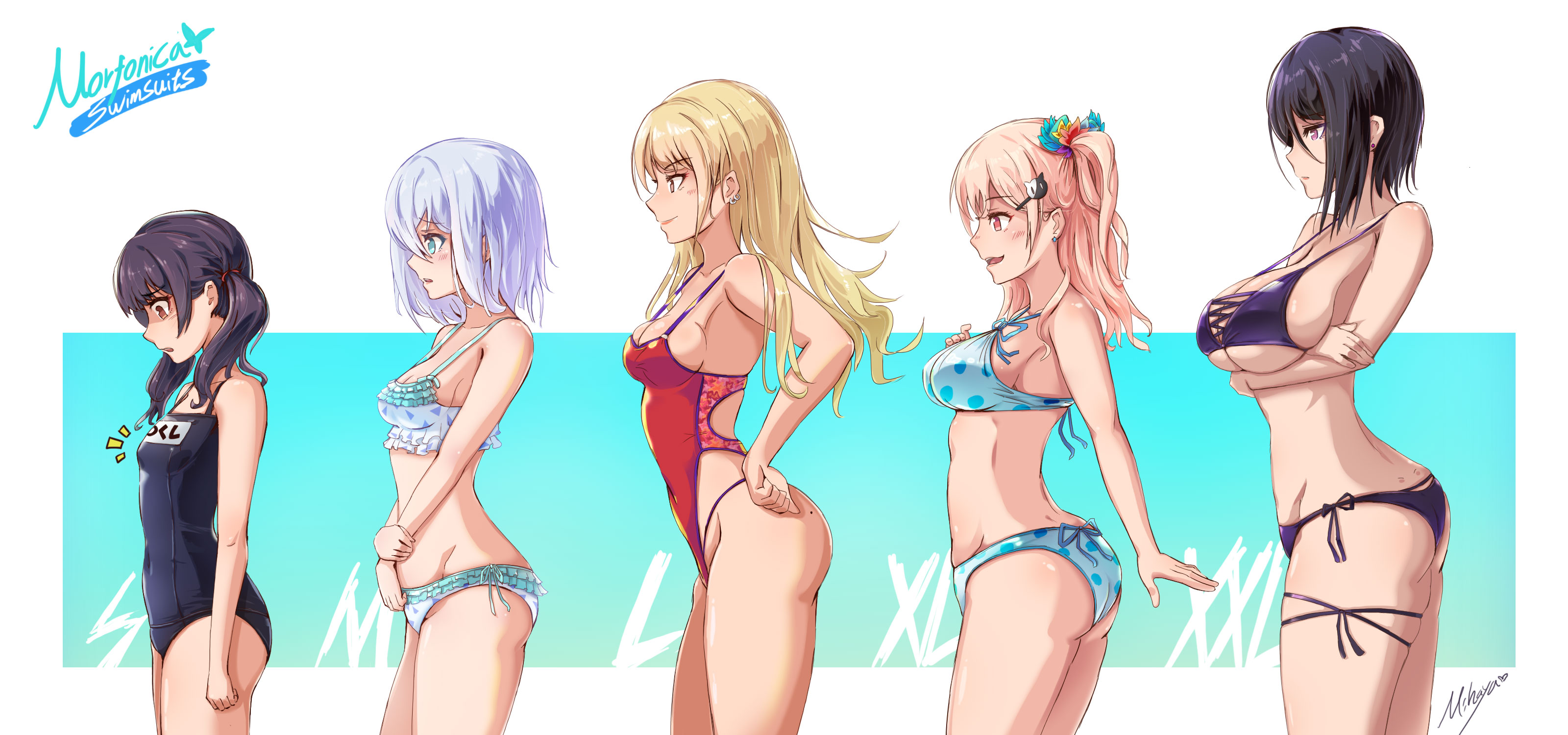 mihaya (mihaya1818), futaba tsukushi, hiromachi nanami, kirigaya toko, kurata mashiro, yashio rui, bang dream!, absurdres, commentary, english commentary, highres, korean commentary, mixed-language commentary, multilingual commentary, translated, 5girls, :3, bikini, black hair, black one-piece swimsuit, blonde hair, blue bikini, blue eyes, blush, bob cut, breasts, brown eyes, bust chart, cleavage, covered navel, ear piercing, earrings, frilled bikini, frills, hair between eyes, hair ornament, hairclip, inverted bob, jewelry, large breasts, lineup, long hair, medium breasts, medium hair, morfonica, multiple girls, one-piece swimsuit, open mouth, piercing, pink hair, purple bikini, purple eyes, red eyes, red one-piece swimsuit, school swimsuit, small breasts, stomach, swimsuit, twintails, two side up, underboob, white bikini, white hair