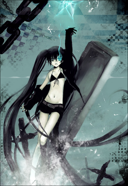 azuma yuuki, yuzu onore, yuzuki (pixiv120419), black rock shooter (character), black rock shooter, 10s, 1girl, arm cannon, belt, black hair, blue eyes, chain, cross, female focus, latin cross, long hair, midriff, scar, shorts, solo, twintails, weapon