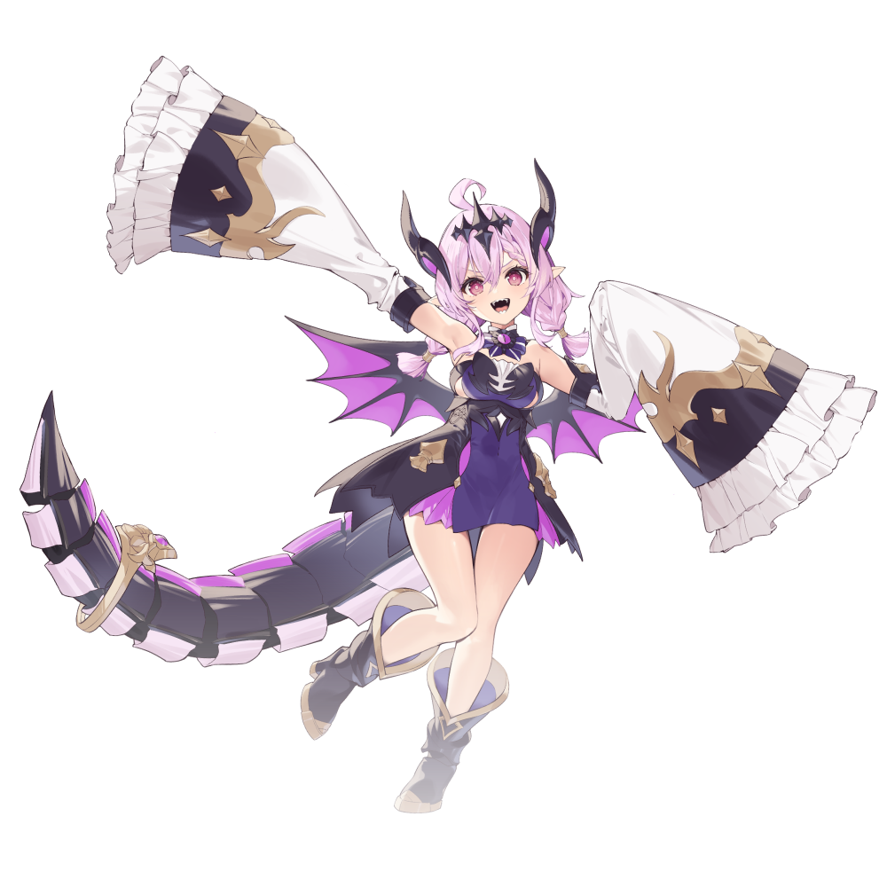 necomi, arcanadea, kotobukiya, key visual, official art, promotional art, 1girl, dragon tail, feathered wings, purple hair, red eyes, sharp teeth, tail, teeth, upper teeth only, wings