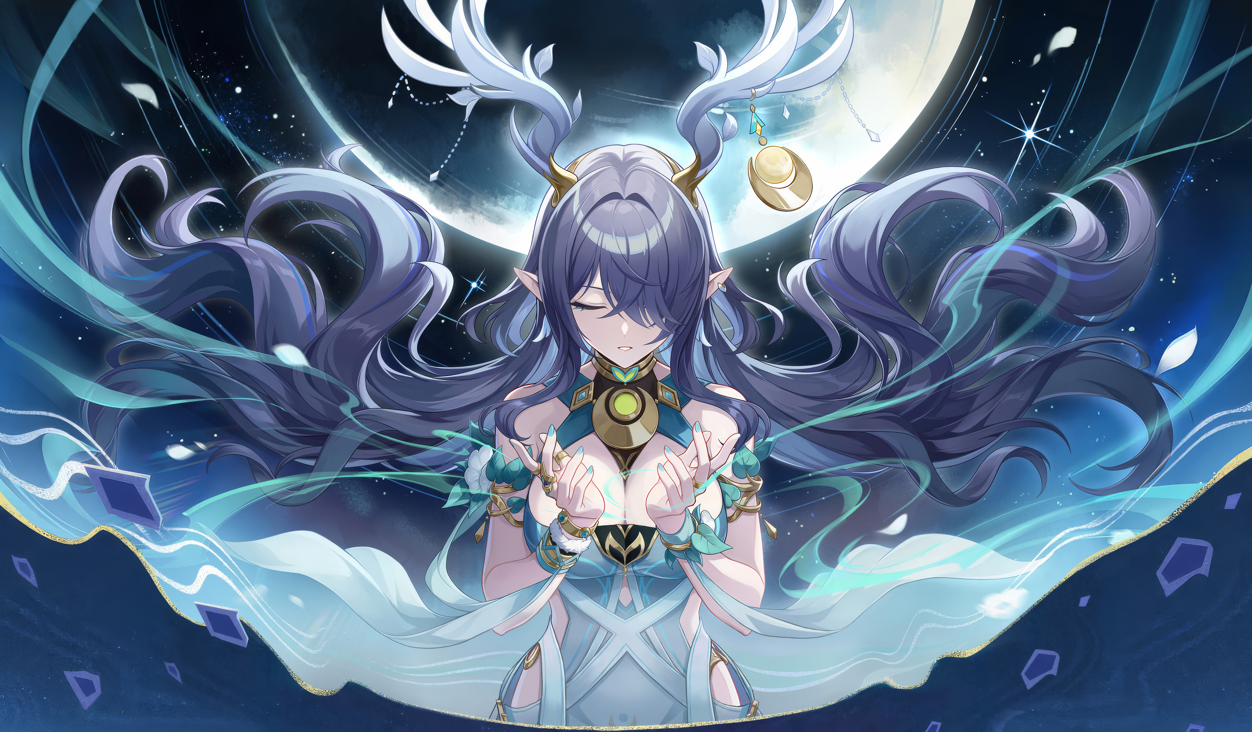 lauma (genshin impact), genshin impact, absurdres, bad link, highres, official art, 1girl, antler ornament, antlers, bare shoulders, black hair, breasts, cleavage, closed eyes, deer antlers, deer girl, dress, earrings, floating hair, full moon, green dress, green nails, hair over one eye, horns, jewelry, large breasts, long hair, moon, night, night sky, pointy ears, purple hair, reindeer girl, single earring, sky, solo, upper body, very long hair, wind
