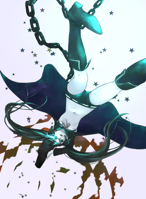 yachii, black rock shooter (character), black rock shooter, 10s, black hair, blue eyes, chain, gun, long hair, midriff, shorts, solo, twintails, upside-down, weapon