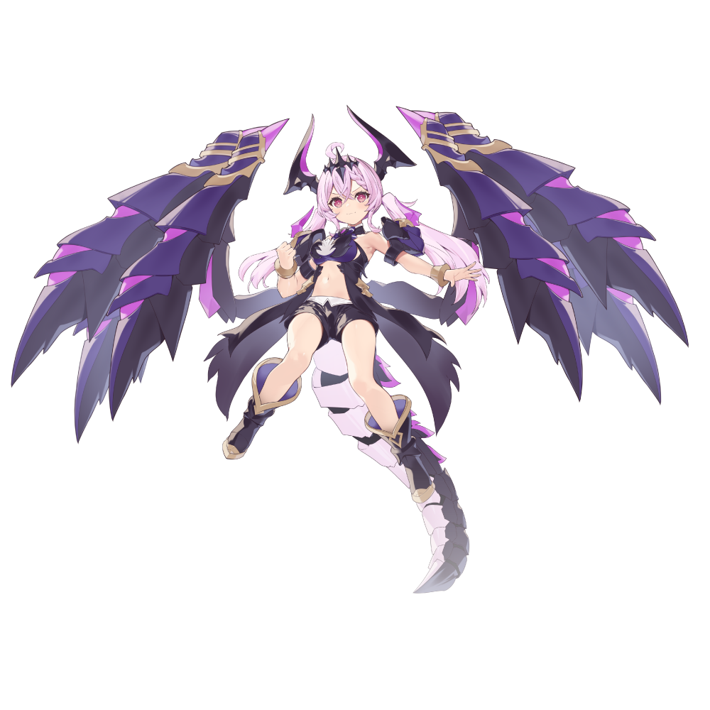 necomi, arcanadea, kotobukiya, key visual, official art, promotional art, 1girl, breasts, dragon tail, feathered wings, hand up, purple hair, red eyes, tail, teeth, wings