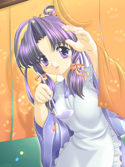 kurimoto tadashi, mynote, haruka (sister princess), sister princess, 00s, 1girl, apron, curtains, japanese clothes, kimono, ladle, noren, purple eyes, purple hair