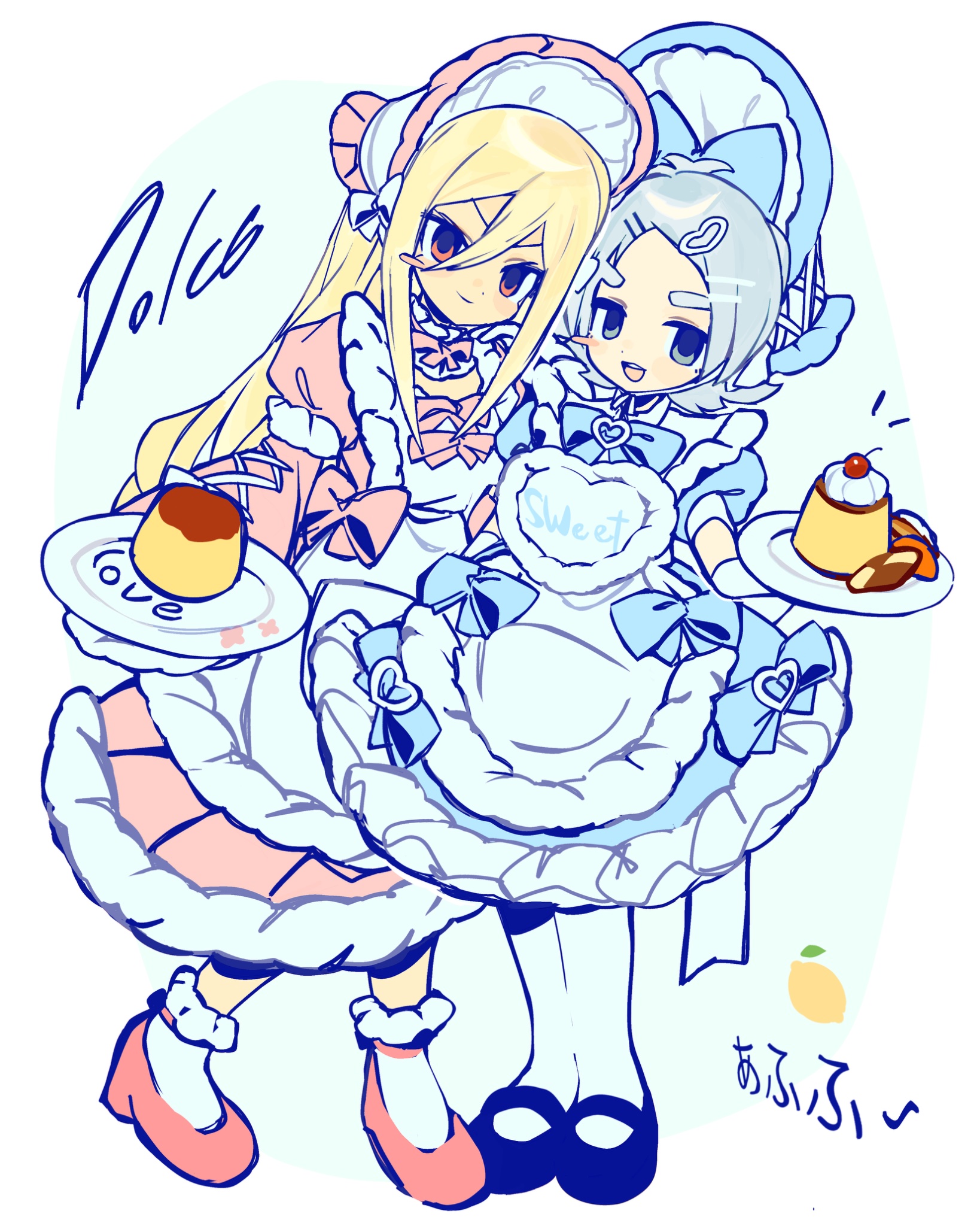 afuro terumi, fubuki shirou, inazuma eleven (series), highres, 2boys, androgynous, aqua background, black shoes, blonde hair, blue bow, blue dress, blush, bonnet, border, bow, chin strap, crossdressing, crossdressing (mtf), dessert, dress, english text, food, frilled dress, frilled socks, frills, fruit, full body, gloves, grey eyes, grey hair, hair bow, hair ornament, heart, heart hair ornament, holding, holding plate, lemimmm, lemon, long bangs, long hair, maid, male focus, male maid, multiple boys, pantyhose, pink dress, pink shoes, plate, pudding, puffy sleeves, red eyes, shoes, short hair, simple background, skirt, smile, socks, standing, trap, very long hair, white border, white gloves, white pantyhose