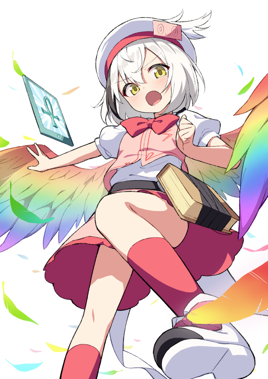 hiyaya (kochi michikaze), torisumi horou, hollow song of birds, touhou, commission, highres, pixiv commission, ankh, book, bow, feathers, hat, multicolored wings, rainbow gradient, rainbow wings, red bow, red socks, shoes, simple background, socks, tablet pc, white background, wing hat ornament, wings, yellow eyes