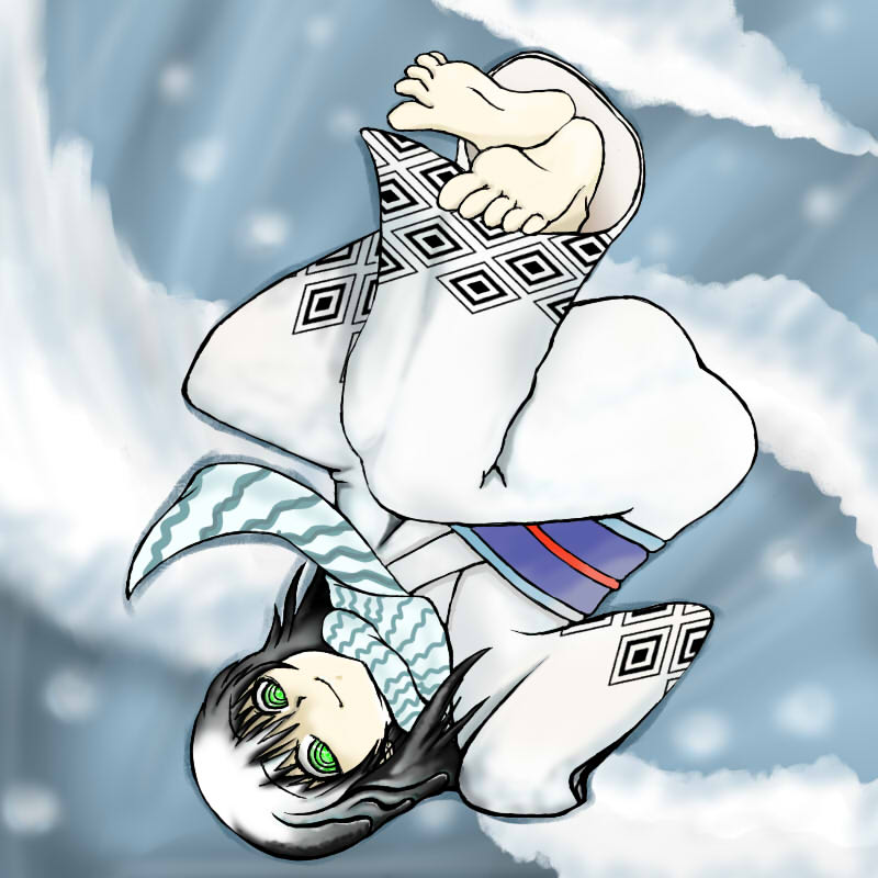 yuki onna (nurarihyon no mago), nurarihyon no mago, tagme, 1girl, barefoot, black hair, crazy eyes, feet, female focus, japanese clothes, kimono, long hair, ringed eyes, scarf, soles, solo, toes, upside-down, yukata, yuki onna