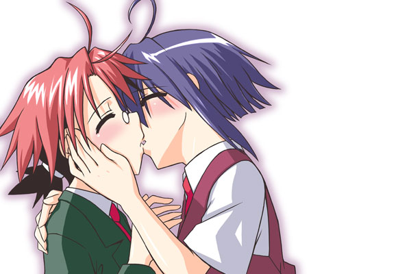 mikagami sou, miyazaki nodoka, negi springfield, mahou sensei negima!, 00s, 1boy, 1girl, ahoge, black hair, blazer, blush, from side, hetero, jacket, kiss, necktie, profile, red hair, red necktie, school uniform, serafuku, shirt, sweater vest, teenage girl and younger boy, upper body, white shirt