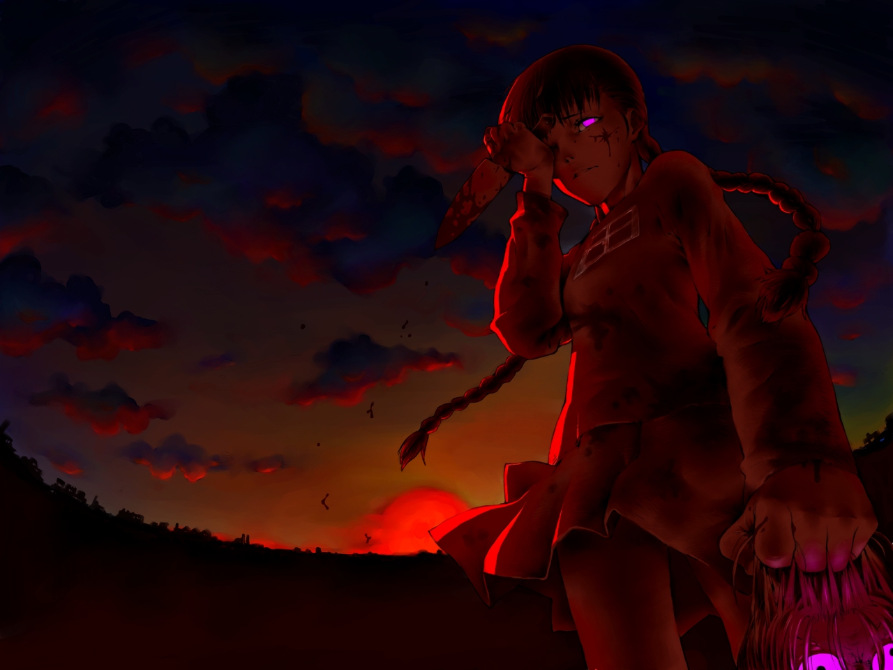 tamo imai, madotsuki, toriningen, yume nikki, bad id, bad pixiv id, blood, braid, brown hair, glowing, glowing eyes, knife, purple eyes, severed head, skirt, sunset, twin braids