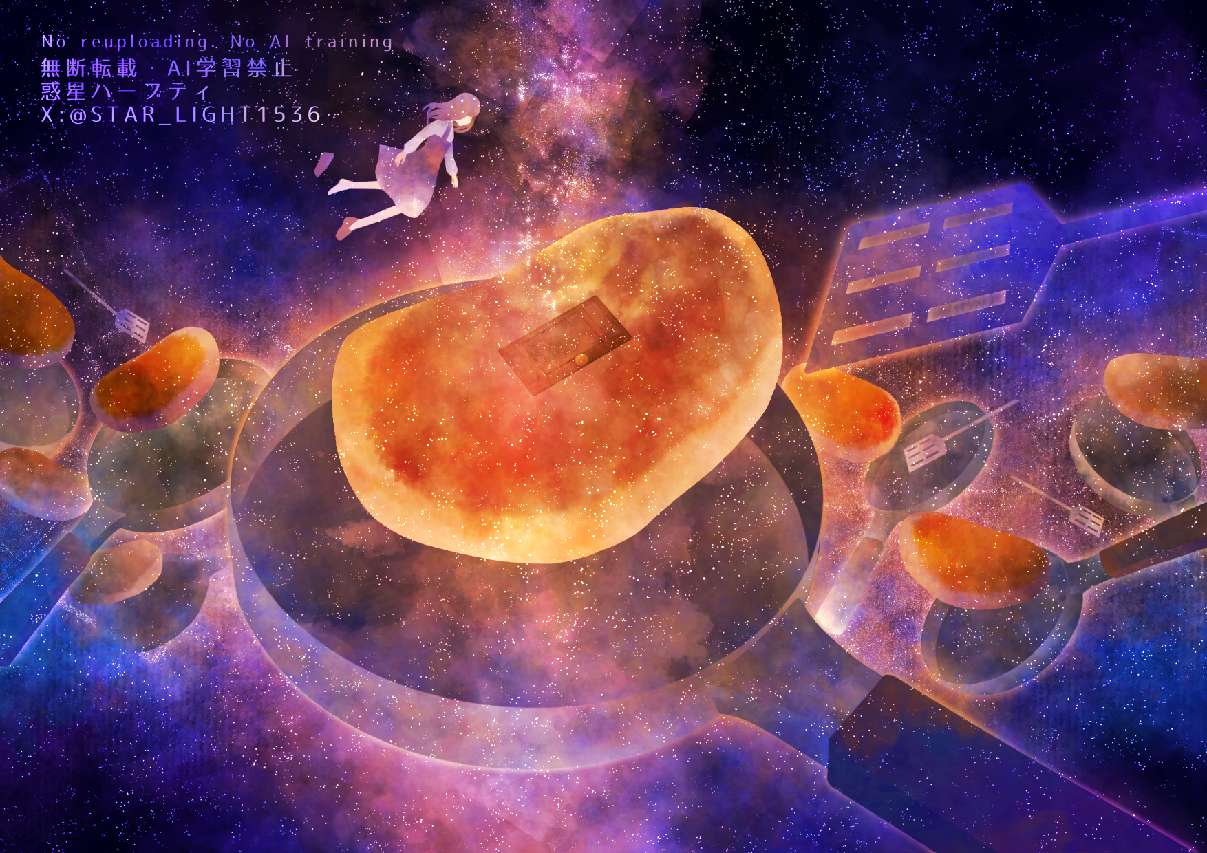 wakusei habuti, original, commentary request, highres, 1girl, brown hair, dress, floating, food, frying pan, grey dress, long hair, long sleeves, pancake, pinafore dress, shirt, shoes, single shoe, sleeveless, sleeveless dress, solo, spatula, surreal, twitter username, unworn shoes, white shirt, wide shot, wooden floor