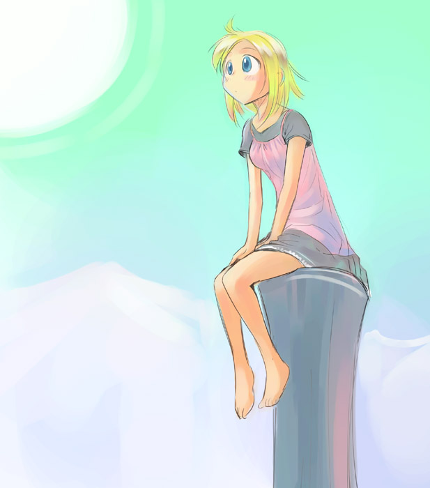 ikeda jun (mizutamari), 1girl, barefoot, blonde hair, blue eyes, feet, female focus, outdoors, solo, toes