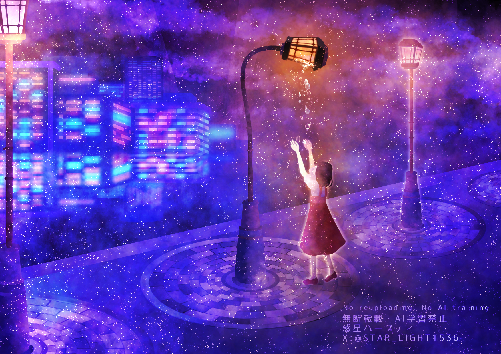 wakusei habuti, original, commentary request, highres, 1girl, arms up, black hair, building, cityscape, cool colored, dress, from behind, full body, lamppost, medium hair, night, pinafore dress, red dress, reflection, shirt, shoes, short sleeves, sleeveless, sleeveless dress, solo, standing, surreal, twitter username, water drop, white shirt