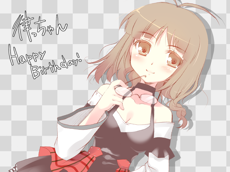 komi zumiko, akizuki ritsuko, idolmaster, idolmaster (classic), 00s, 1girl, ahoge, bare shoulders, black dress, braid, breasts, brown eyes, brown hair, checkered background, cleavage, closed mouth, collarbone, dress, female focus, glasses, halterneck, looking at viewer, medium breasts, simple background, single braid, smile, solo