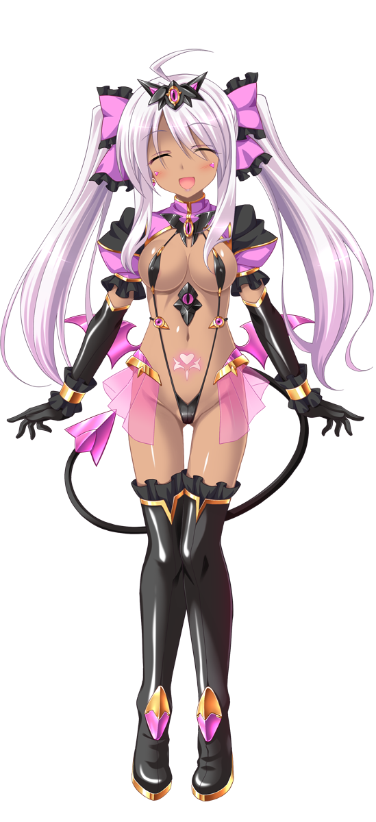 aoi masami, slave cherry, ts magical girl nao, game cg, highres, non-web source, official art, variant set, 1girl, alternate skin color, black gloves, blush, boots, bow, breasts, closed eyes, corruption, dark-skinned female, dark persona, dark skin, demon tail, elbow gloves, full body, gloves, hair bow, harukaze mai (tsmg nao!), long hair, medium breasts, navel, open mouth, pink hair, pubic tattoo, slave gear, slingshot swimsuit, smile, solo, swimsuit, tail, tan, tattoo, thigh boots, thighhighs, transparent background, twintails, white hair, wings