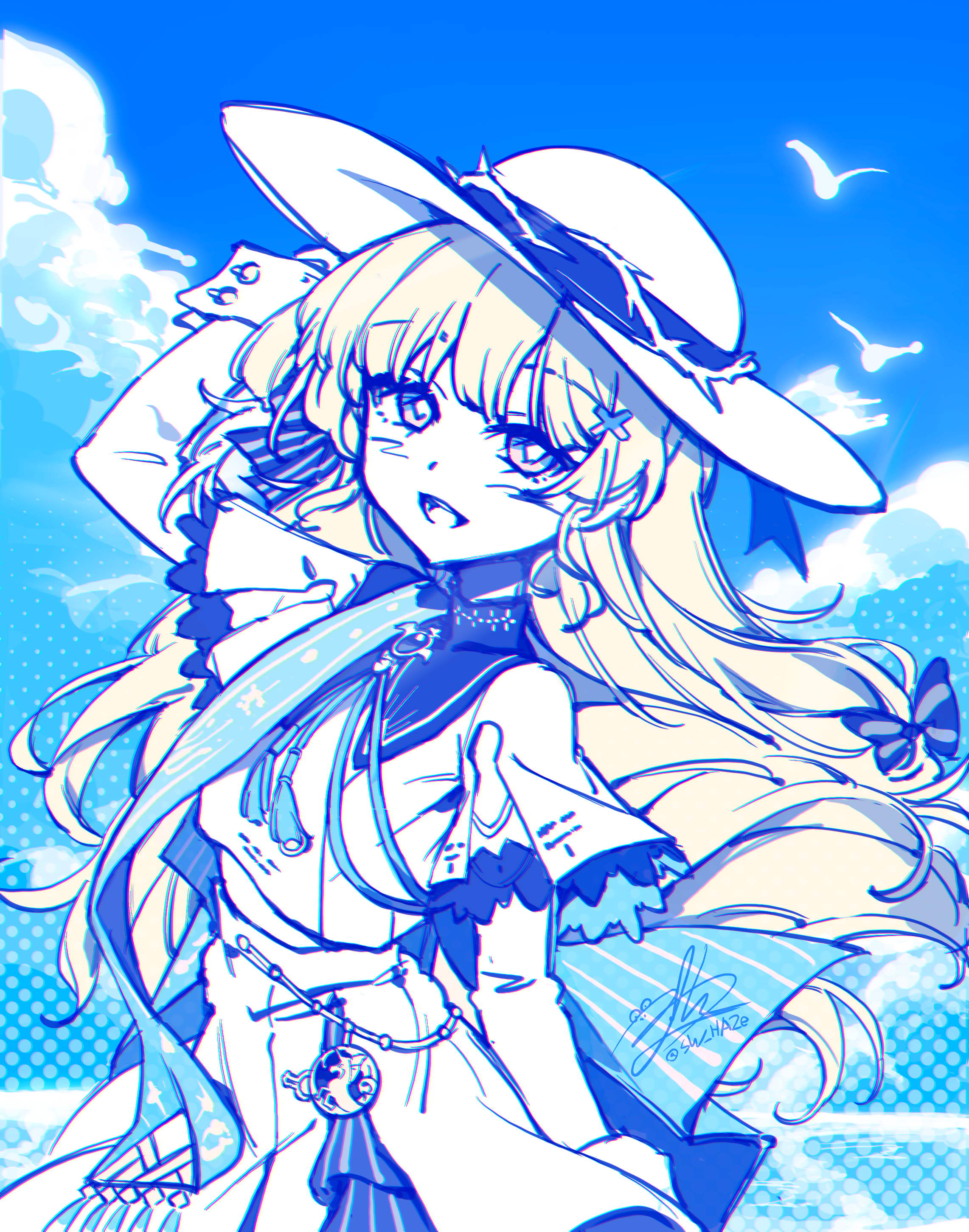sw haze, phoebe (wuthering waves), wuthering waves, absurdres, highres, 1girl, arm up, black collar, blonde hair, blue sash, blue sky, chromatic aberration, collar, cowboy shot, day, hat, heavy chromatic aberration, long hair, long sleeves, looking at viewer, missing commentary, open mouth, sash, shirt, signature, skirt, sky, smile, solo, white hat, white shirt, white skirt