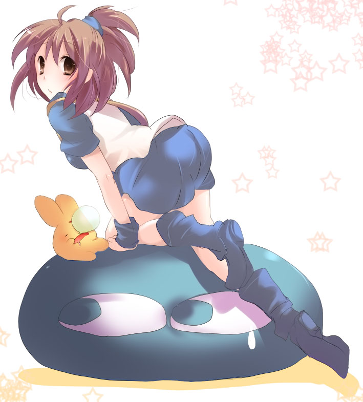 kurohara yuu, arle nadja, carbuncle (puyopuyo), puyo (puyopuyo), madou monogatari, puyopuyo, 1girl, ass, blob, blue skirt, boots, brown eyes, brown hair, creature, female focus, half updo, looking back, nose bubble, short hair, skirt, solo, white background, wrist cuffs