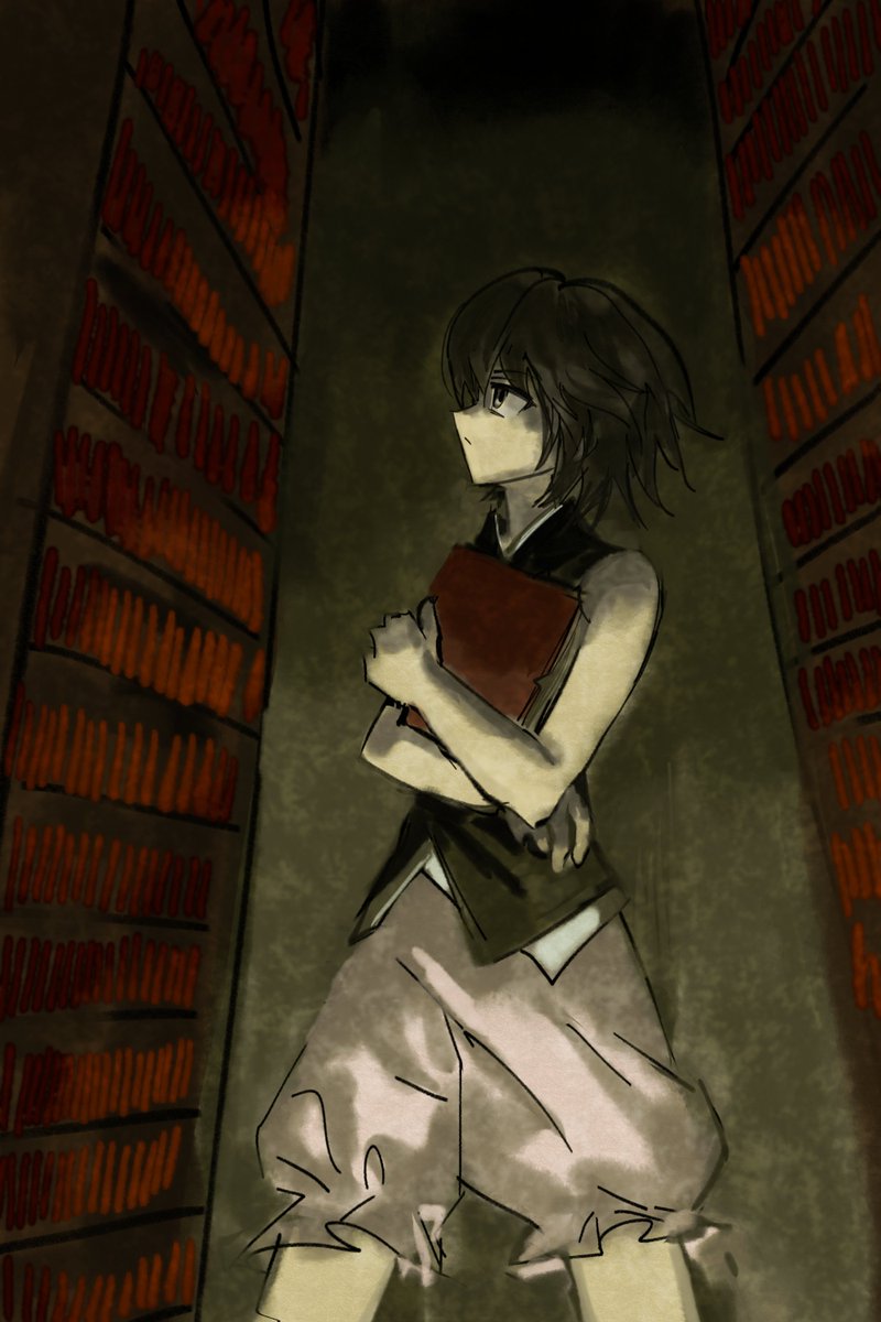 shitodo kuroji, len'en, chinese commentary, commentary, english commentary, highres, mixed-language commentary, multilingual commentary, 1other, androgynous, baggy shorts, bare arms, bare shoulders, black eyes, black hair, black shirt, book, bookshelf, closed mouth, collared shirt, cowboy shot, expressionless, frilled shorts, frills, grey shorts, hair between eyes, holding, holding book, indoors, legs apart, library, light frown, looking at object, other focus, partially undressed, pointy nose, shaded face, shirt, short hair, shorts, sleeveless, sleeveless shirt, solo, standing, yancao (pixiv 103434280)