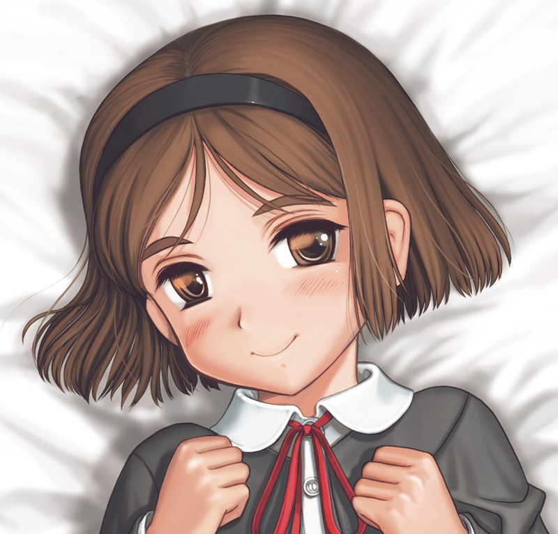 youkai ankake, henrietta (gunslinger girl), gunslinger girl, 00s, 1girl, bob cut, brown eyes, brown hair, child, clenched hands, female focus, hairband, happy, smile, solo