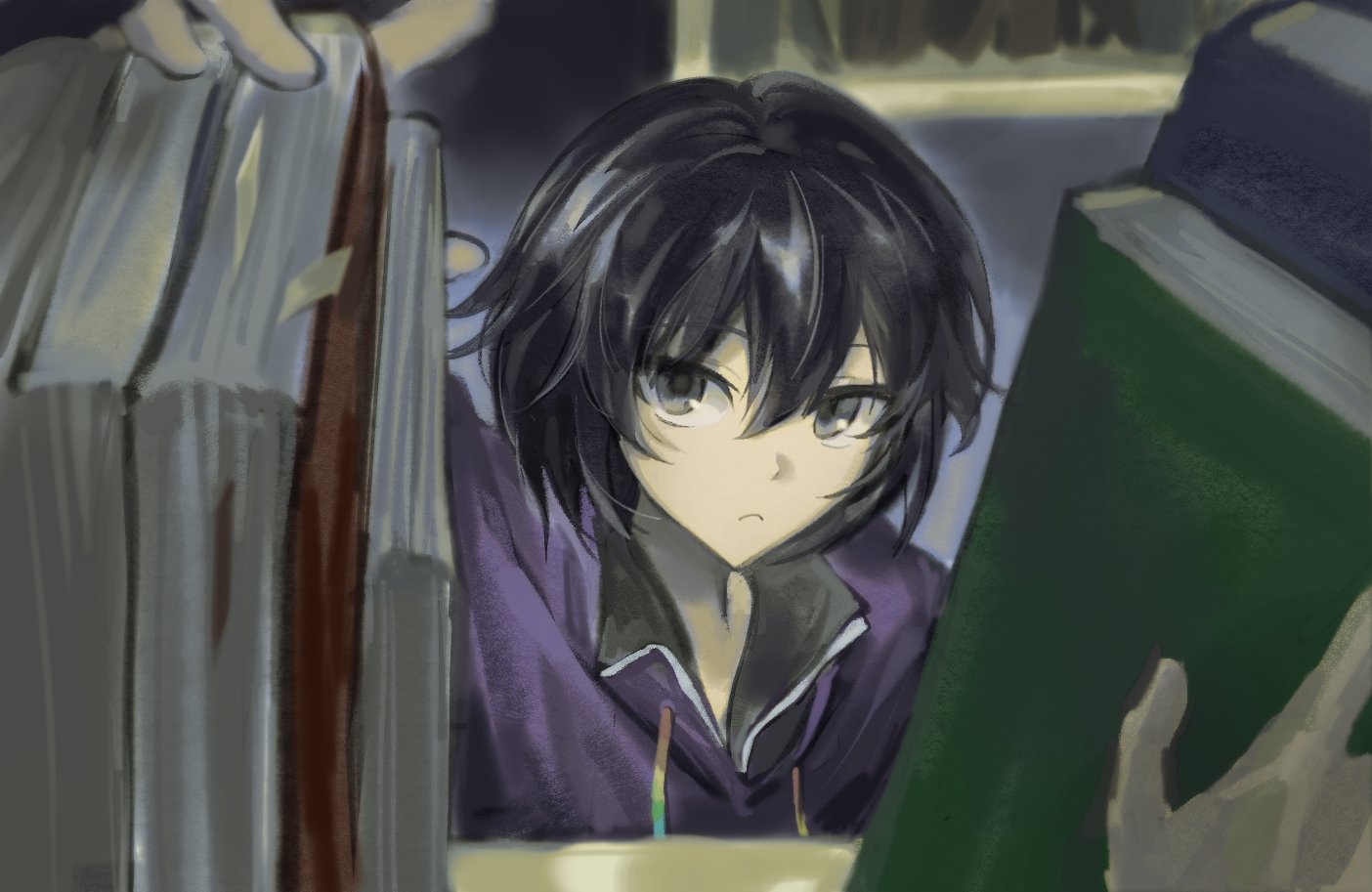 shitodo kuroji, len'en, chinese commentary, commentary, english commentary, mixed-language commentary, multilingual commentary, 1other, androgynous, black hair, black shirt, book, bookmark, collared shirt, expressionless, grey eyes, hair between eyes, high collar, holding, holding book, hood, hood down, hooded jacket, indoors, jacket, library, long sleeves, looking at viewer, no headwear, open clothes, open jacket, open mouth, other focus, pov, purple jacket, reaching, shirt, short hair, solo focus, upper body, yancao (pixiv 103434280), zipper