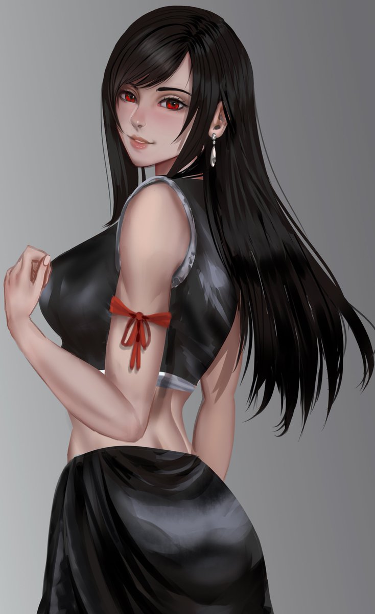 arialla draws, tifa lockhart, final fantasy, final fantasy vii, final fantasy vii advent children, highres, 1girl, armband, bare shoulders, black hair, black shorts, black vest, blush, breasts, crop top, cropped vest, earrings, floating earrings, grey background, jewelry, large breasts, long hair, looking at viewer, midriff, parted lips, pink lips, red armband, red eyes, shorts, sidelocks, simple background, single bare arm, smile, solo, striped clothes, striped vest, vest