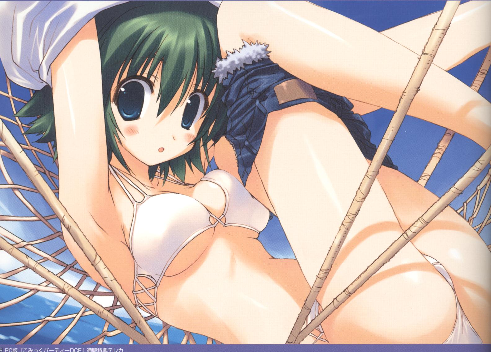 mitsumi misato, oba eimi, ooba eimi, comic party, 00s, bikini, blue eyes, denim, denim shorts, green hair, hammock, short hair, shorts, solo, swimsuit, undressing, white bikini