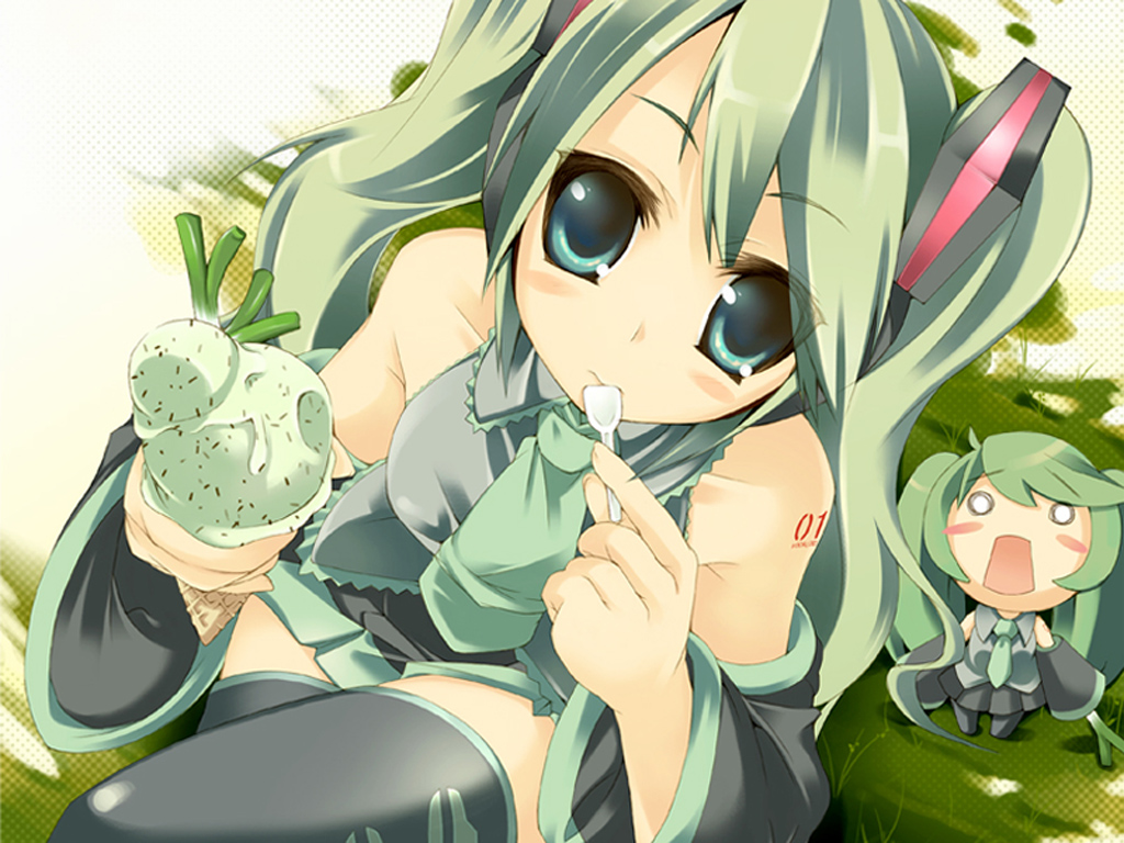 amanooni touri, hatsune miku, vocaloid, 1girl, eating, female focus, food, green hair, ice cream, solo, thighhighs, twintails