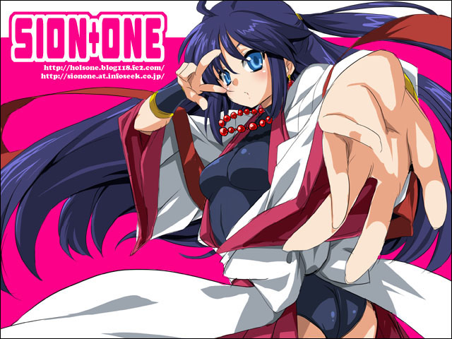 hotori (sion), original, 1girl, ass, blue eyes, blue hair, female focus, foreshortening, japanese clothes, long hair, matching hair/eyes, ribbon, solo, v, v over eye