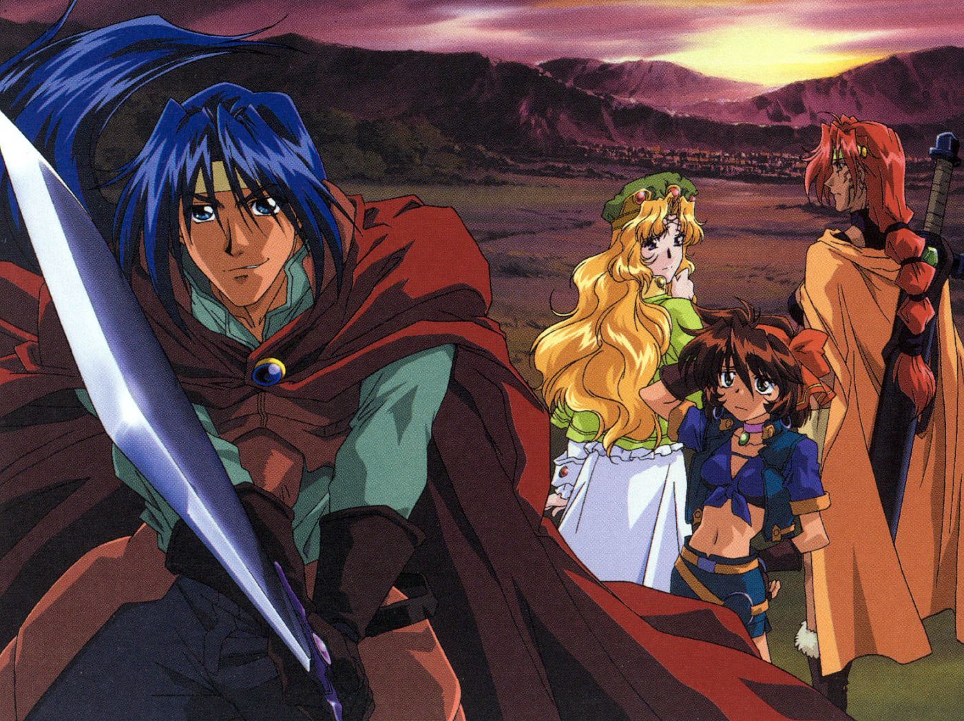 jeannie (mahou senshi louie), louie (mahou senshi louie), melissa (mahou senshi louie), merrill (mahou senshi louie), mahou senshi louie, scan, scan artifacts, 00s, 1boy, 3girls, belt, blonde hair, blue eyes, blue hair, boots, braid, brown hair, cape, choker, circlet, crop top, dark skin, dress, fighting stance, fingerless gloves, flat chest, frown, gloves, hair ribbon, hairband, hand on own hip, hat, headband, hip focus, huge weapon, long hair, looking back, midriff, multiple girls, navel, outdoors, ponytail, red hair, ribbon, shirt, short hair, single braid, smile, sunset, sword, tied shirt, wavy hair, weapon