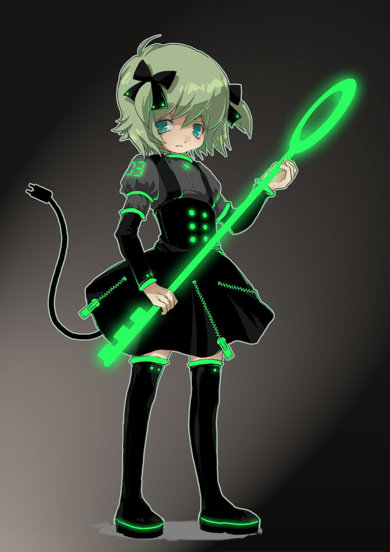 soutatsu, original, glowing, green eyes, green hair, key, oversized object, solo, thighhighs, zettai ryouiki, zipper