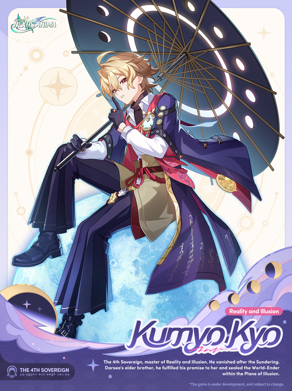honkai: nexus anima, honkai (series), commentary, english commentary, highres, official art, 1boy, ahoge, black gloves, black pants, black shoes, blonde hair, character name, english text, finger to mouth, gloves, holding, holding umbrella, index finger raised, japanese clothes, jewelry, kumyo kyo, long sleeves, looking at viewer, male focus, medal, oil-paper umbrella, pants, red eyes, ring, shoes, solo, sparkle, umbrella
